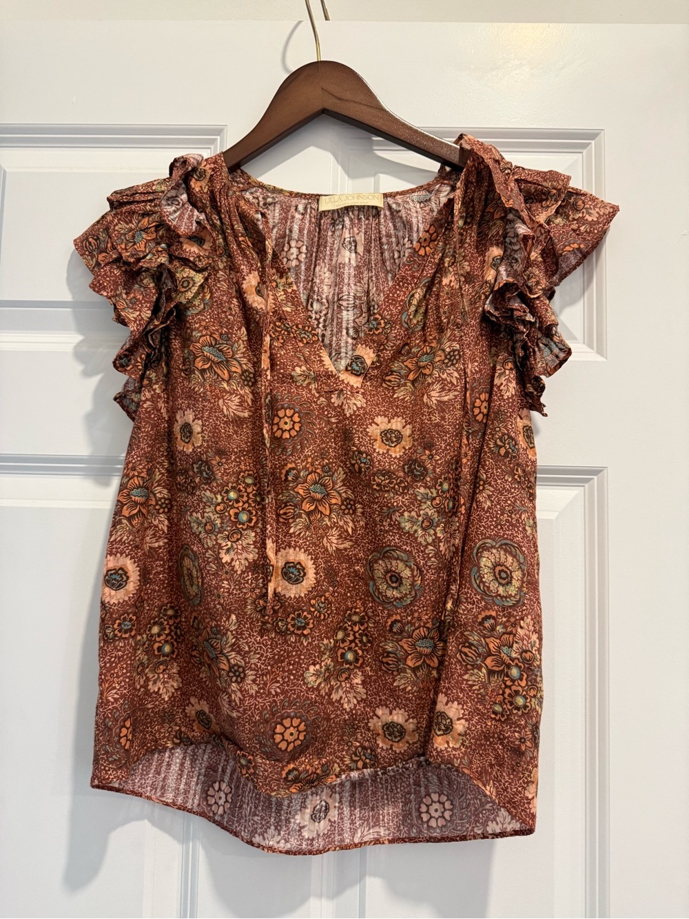 Ulla Johnson Rust Floral Ruffle-Sleeve Blouse